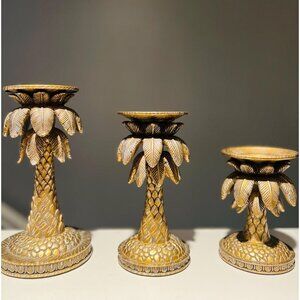 Set of 3 Gold Palm Tree Candlesticks | Coastal Glam |Hollywood Regency Decor